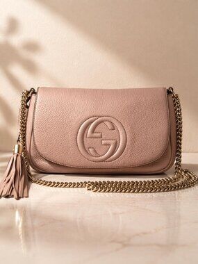 Authentic Gucci Soho Disco Pink Leather GG Tassel Chain Crossbody Bag Luxury